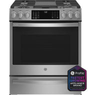 Fingerprint-resistant stainless steel front-control gas range with digital display and five burners from kitchen appliances collection