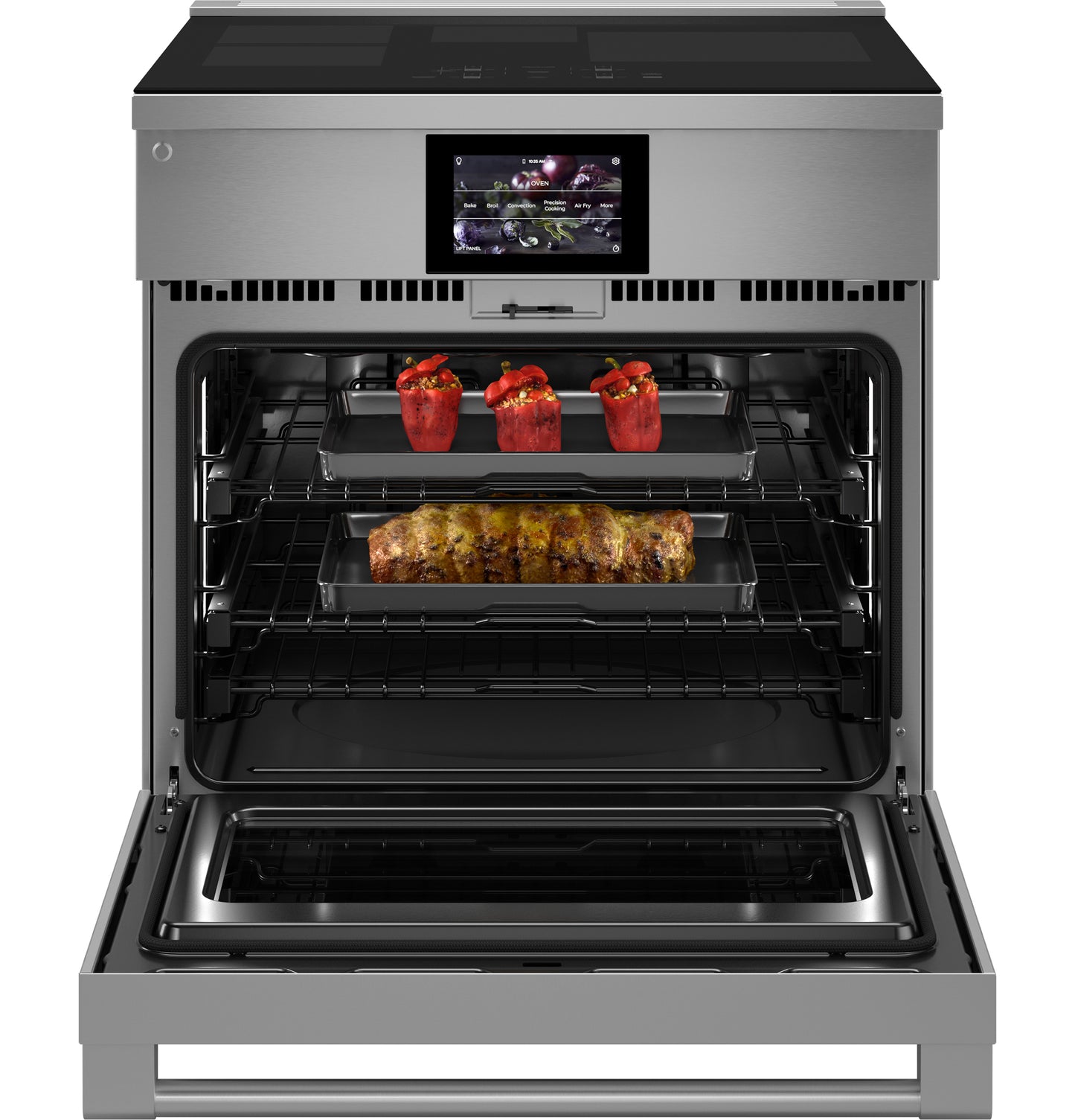 Stainless steel induction range with open oven door showing stuffed peppers and roasted meat on racks in kitchen appliances collection