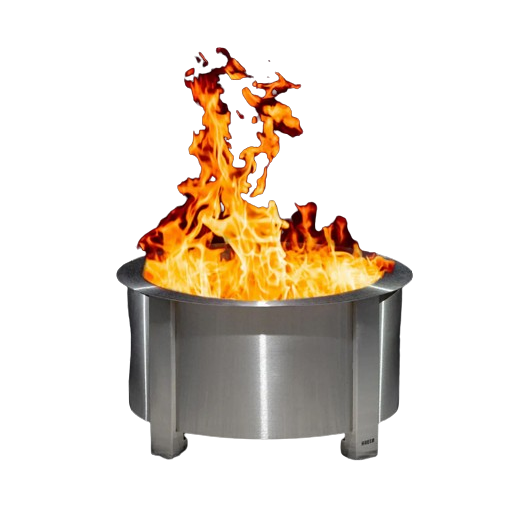 Round stainless steel outdoor fire pit with bright flames for patio furniture and fire pits collections