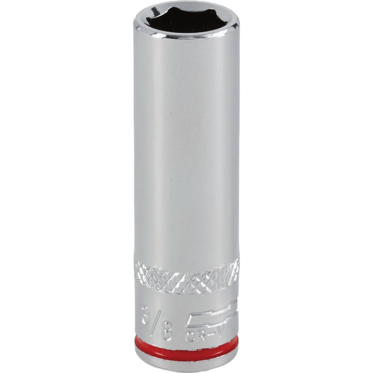 Chrome-plated 3/8 inch six-point deep socket with knurled grip and red accent for home improvement tasks