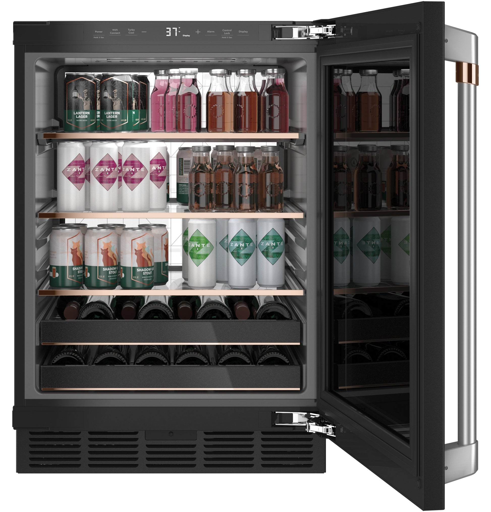 Open black beverage center with glass door, adjustable shelves, and organized cans and bottles inside in kitchen appliances collection
