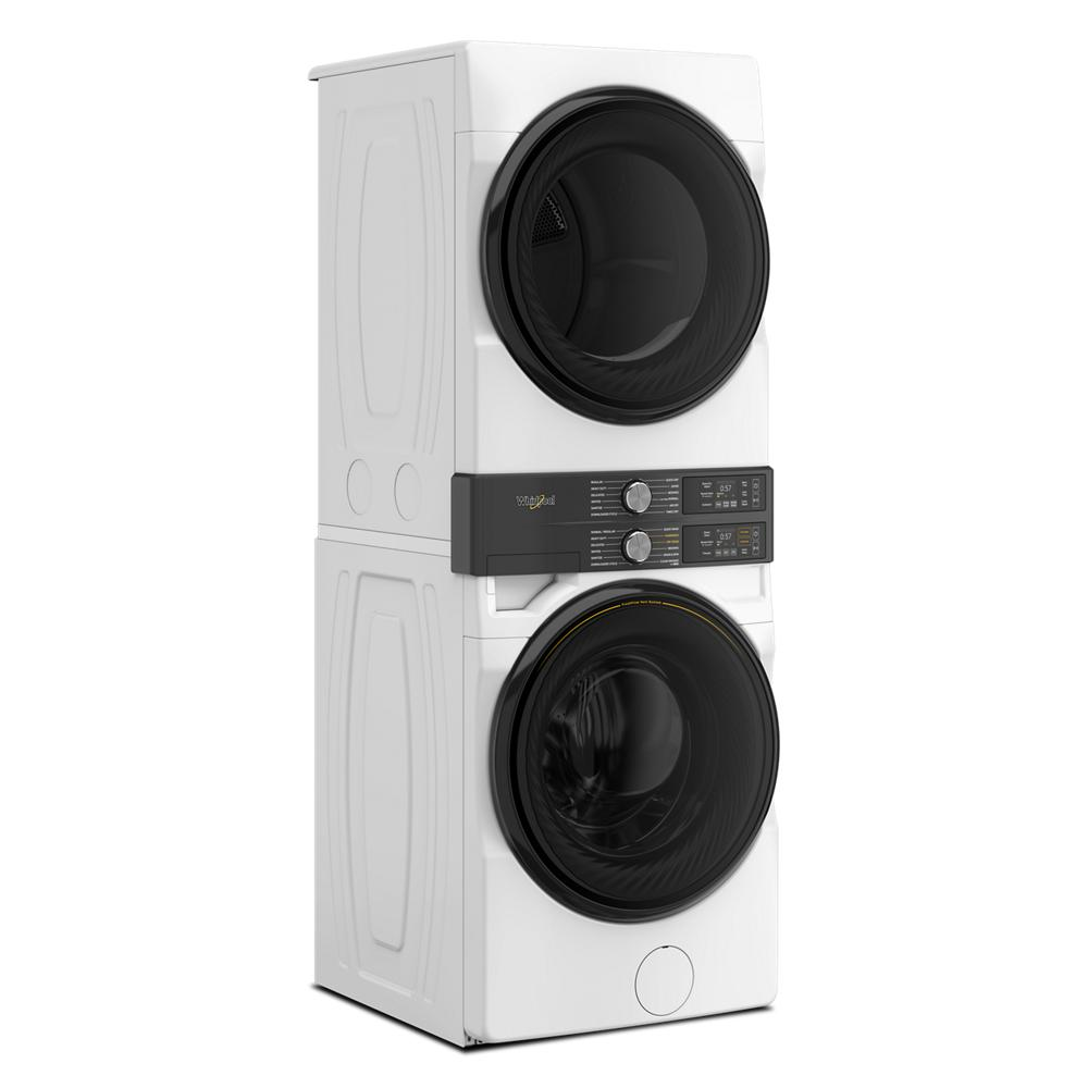 White front load laundry tower with stacked washer and gas dryer, featuring digital controls and large black round doors, part of appliance laundry centers and washer/dryer combos for home improvement.