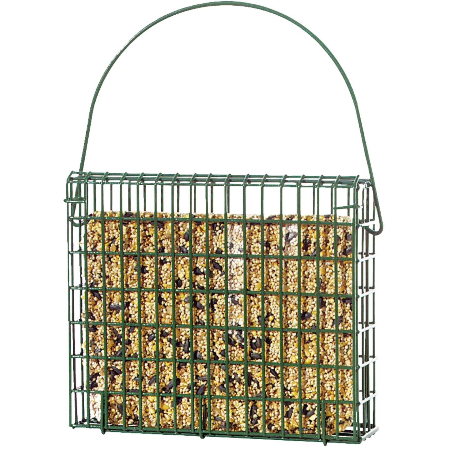 Green wire basket suet feeder filled with seed cake and a sturdy carrying handle for outdoor bird feeding.