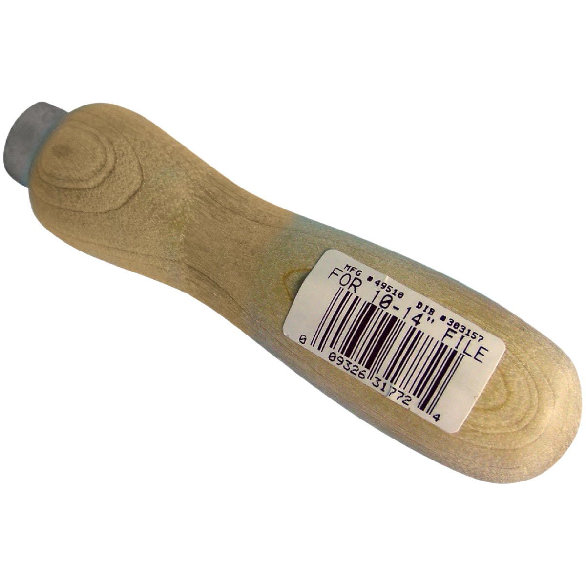 Light wood short ferrule file handle with ergonomic shape and attached barcode label for tool use in home improvement tasks