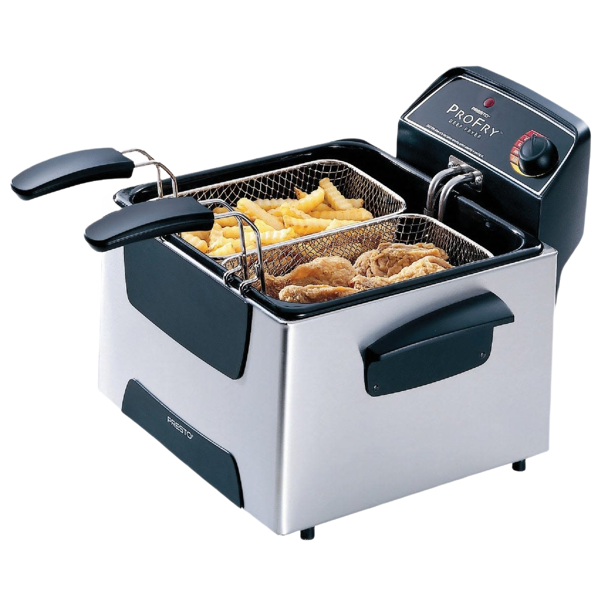 Silver aluminum electric deep fryer with dual baskets cooking fries and fried chicken for home use