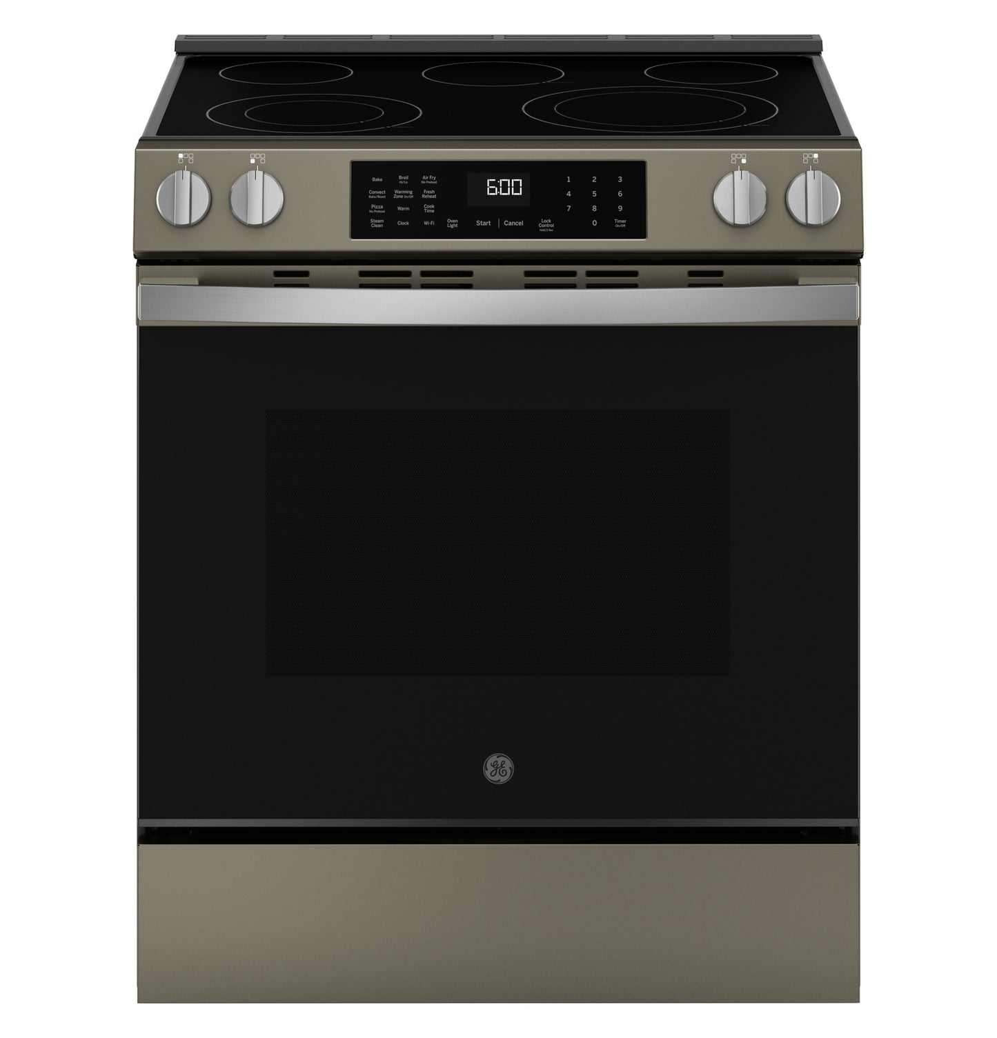Front view of a slide-in electric convection range with glass cooktop and digital controls in kitchen appliances collection