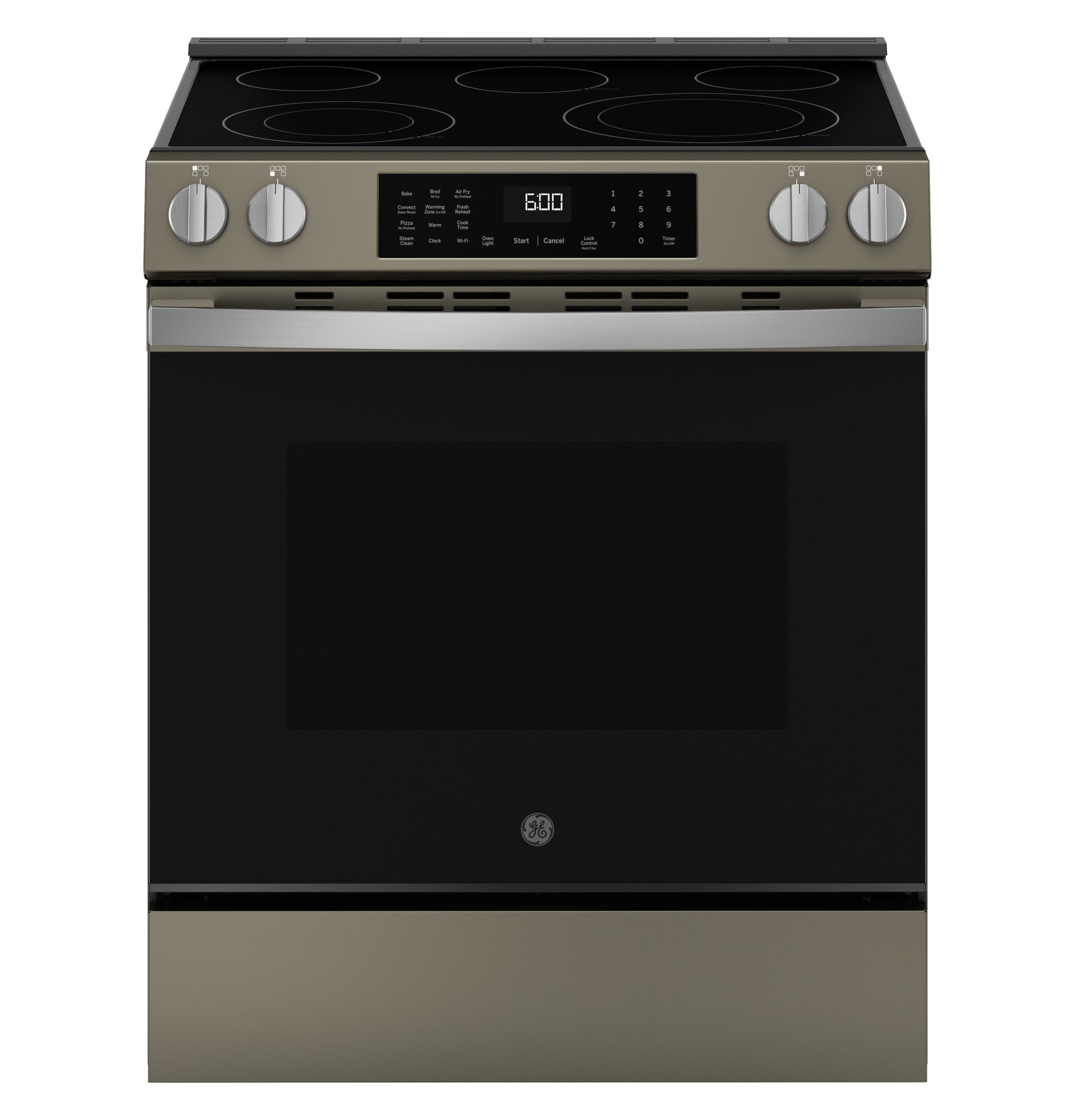 Front view of a slide-in electric convection range with glass cooktop and digital controls in kitchen appliances collection