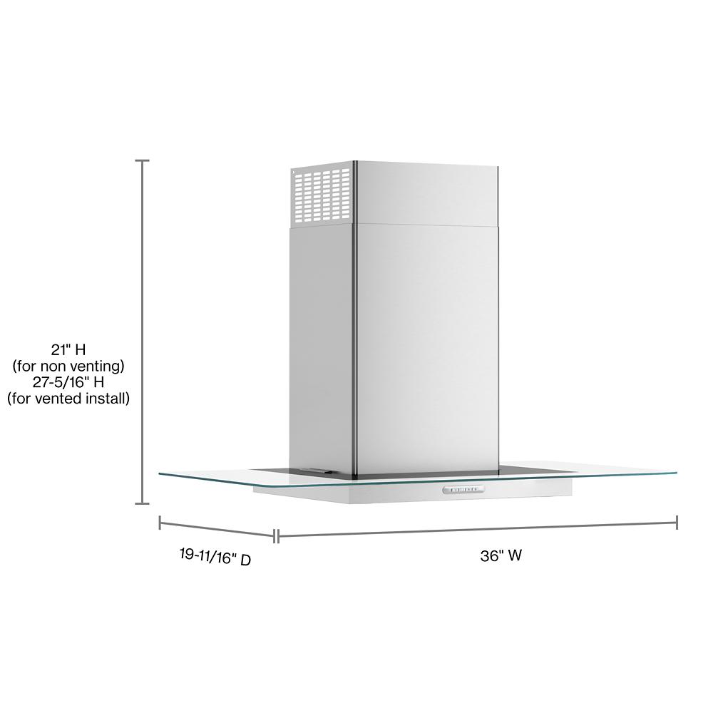 Dimensions and design of a modern stainless steel range hood with glass canopy for kitchen ventilation installation