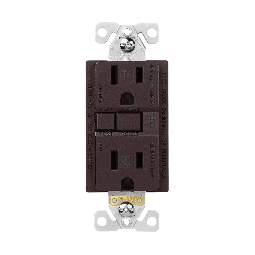 Oil rubbed bronze GFCI duplex receptacle with test and reset buttons for electrical safety in home improvement projects