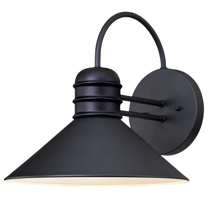 Black outdoor wall sconce with curved arm and wide conical shade for outdoor living and lighting needs under $100 collection