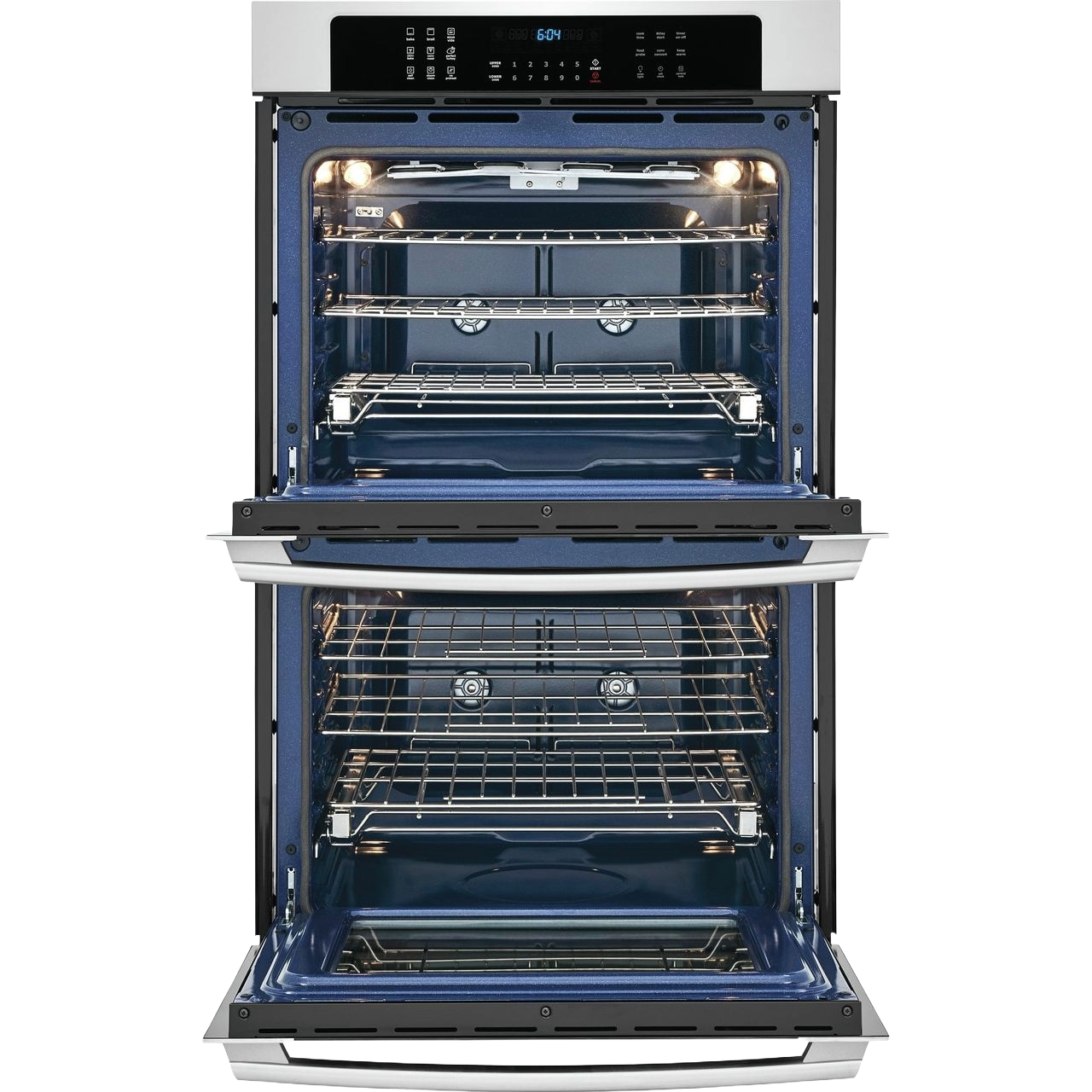 Stainless steel double wall oven with IQ-Touch™ controls, multiple racks, and blue interior in modern kitchen appliance setting