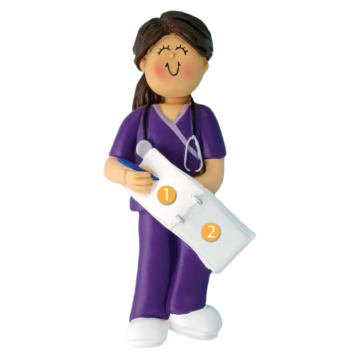 Personalized female nurse ornament in purple scrubs holding chart, festive decoration under 50 dollars Christmas collection