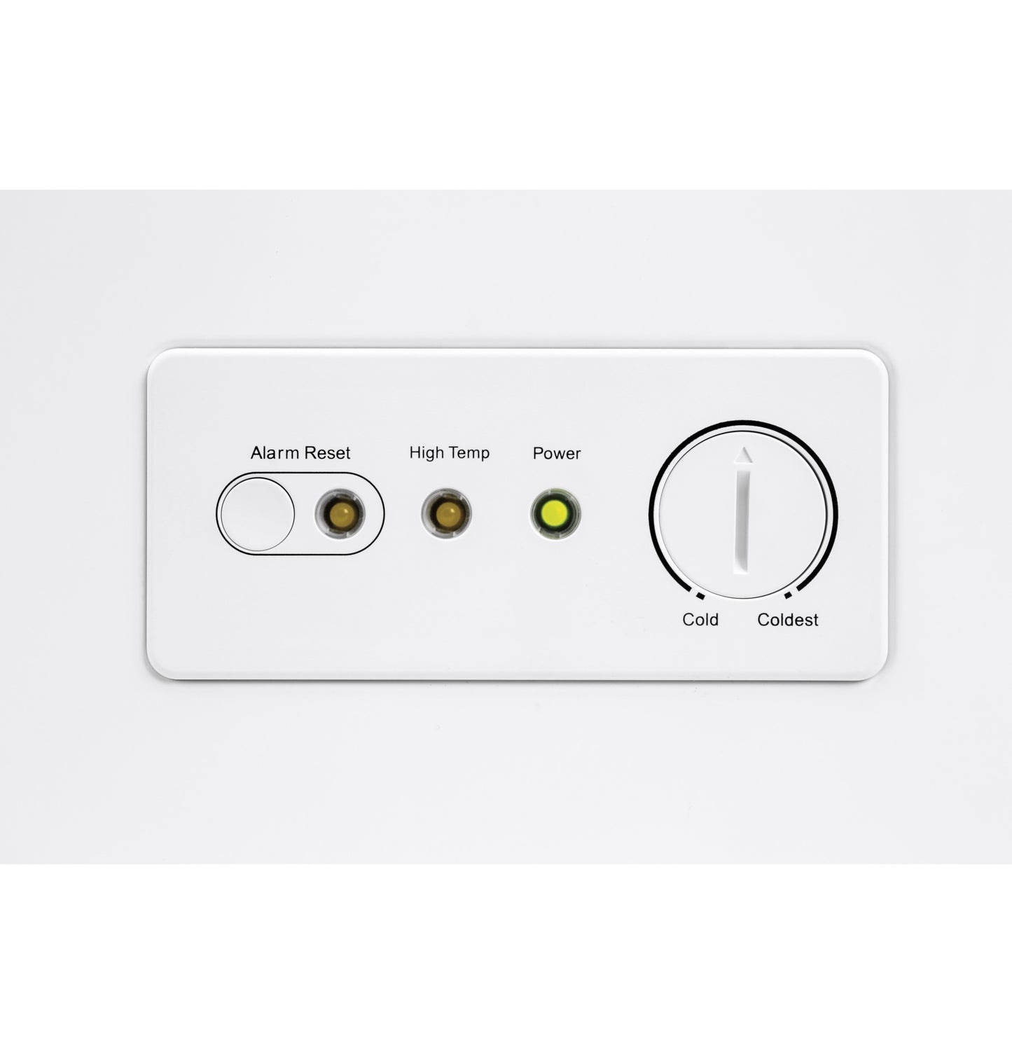 Control panel on white freezer with power indicator light, temperature dial, and alarm reset button for home appliances