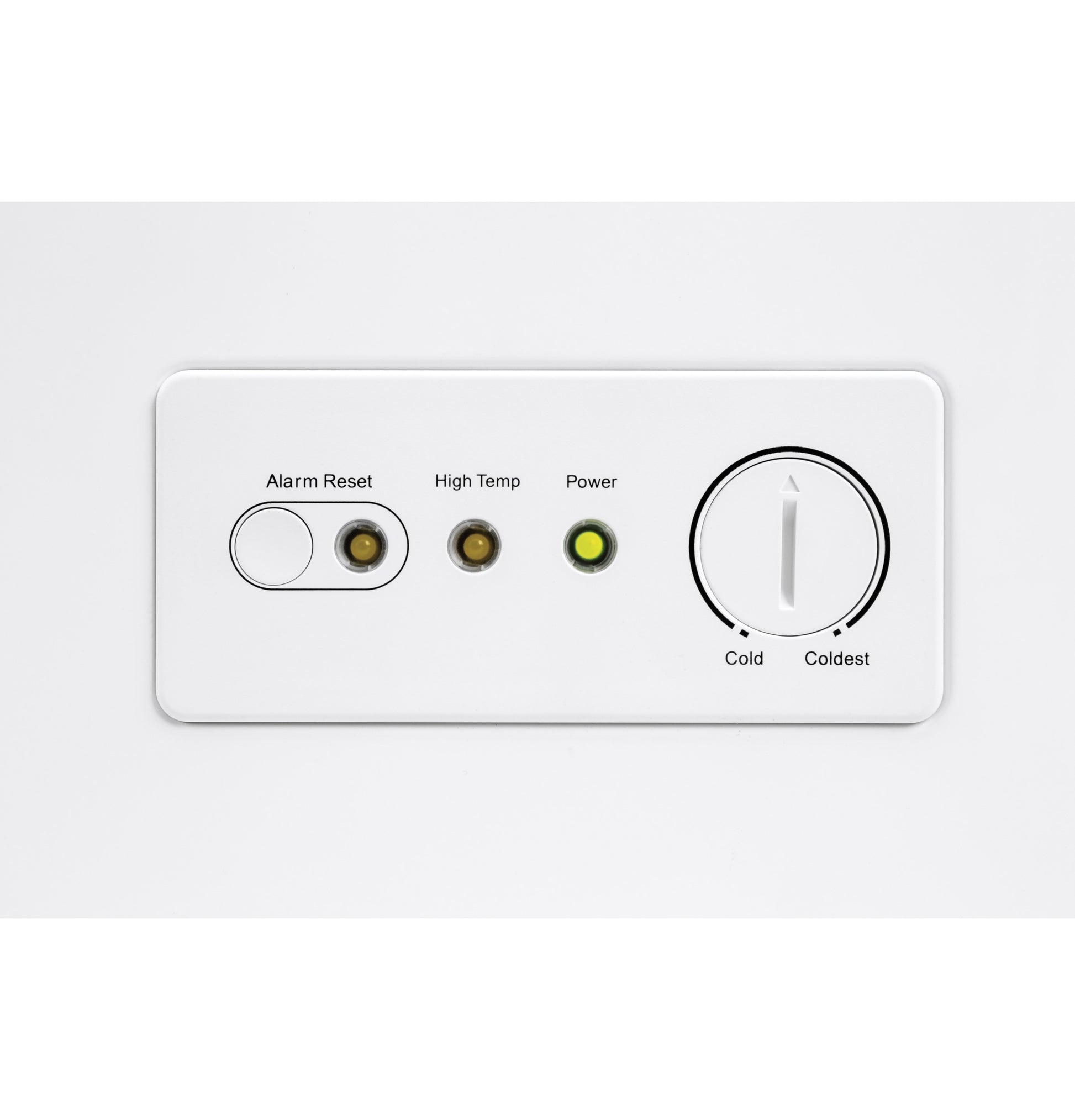 Control panel on white freezer with power indicator light, temperature dial, and alarm reset button for home appliances