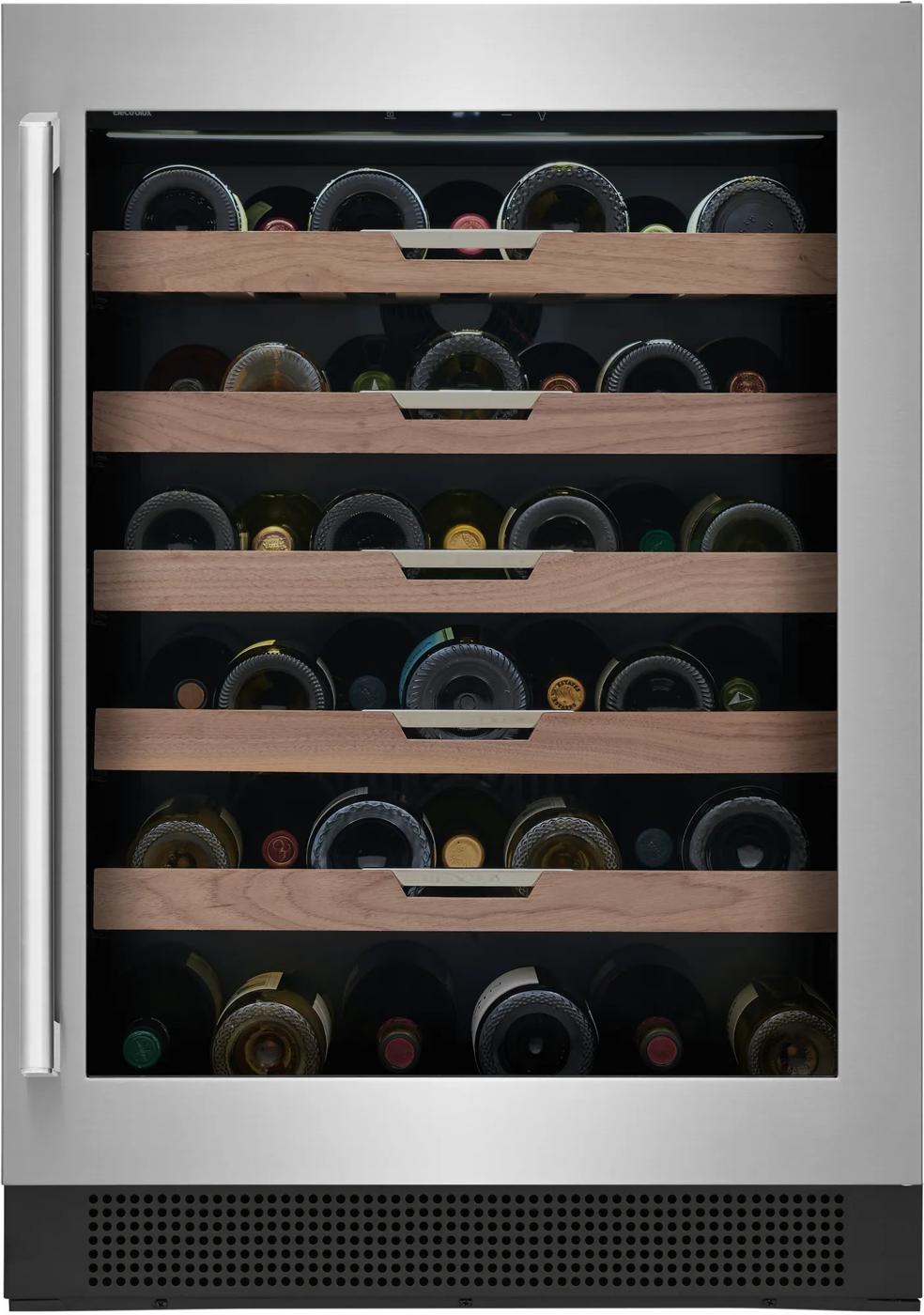 24-inch under-counter wine cooler with wood shelving and glass door in mini refrigerators and beverage centers collection
