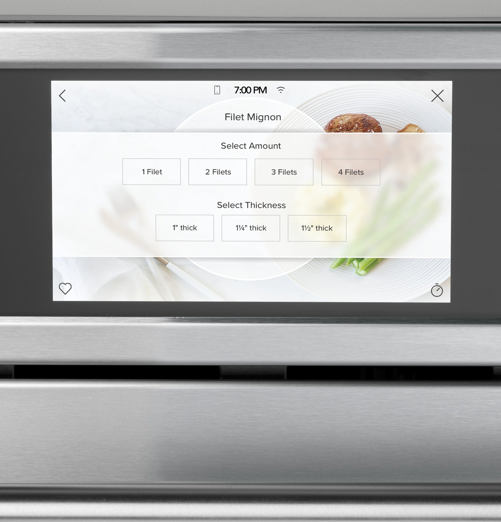 Touchscreen display on stainless steel oven showing filet mignon cooking options with amount and thickness settings