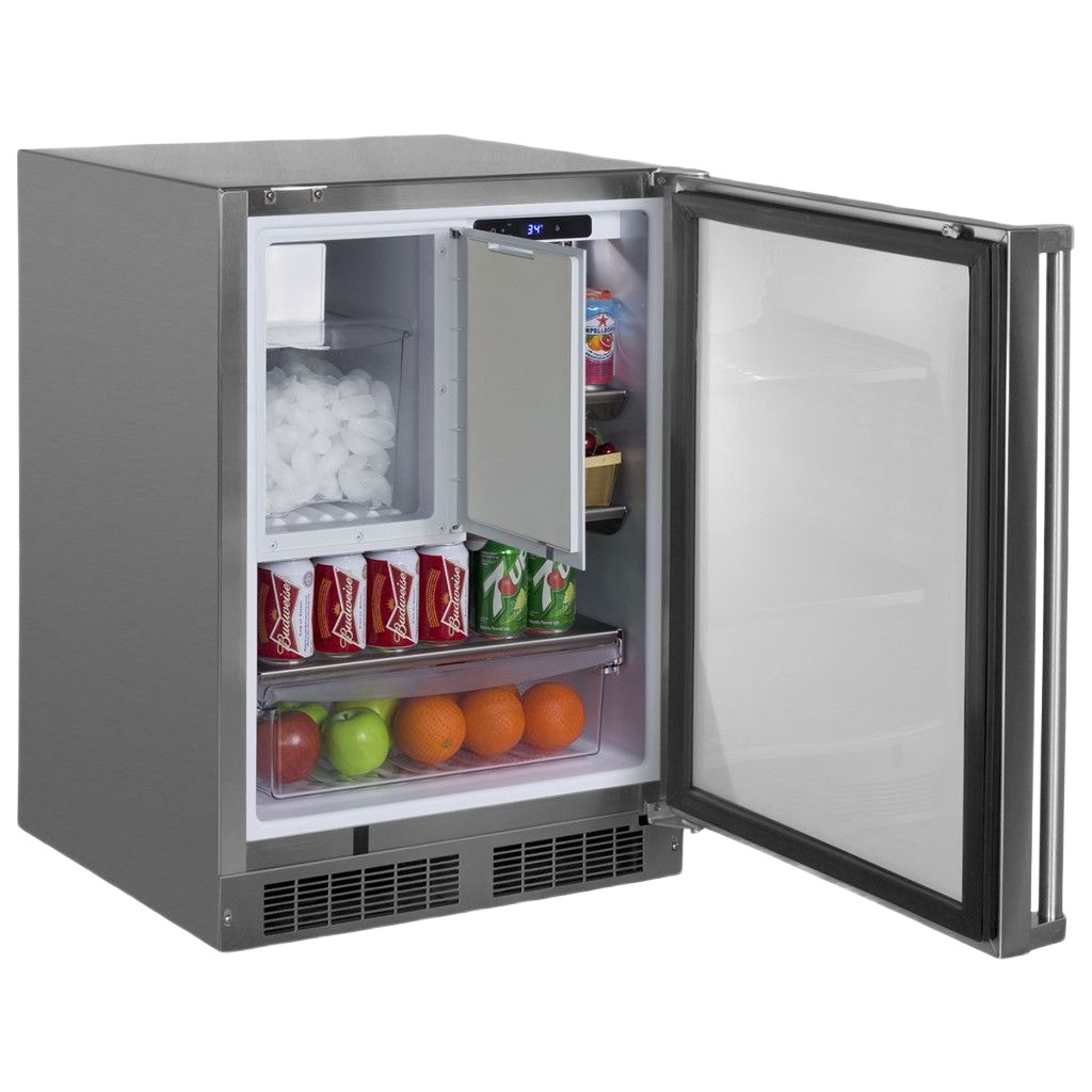 Open stainless steel outdoor refrigerator freezer with built-in ice maker, beverage storage, and produce drawer compartments