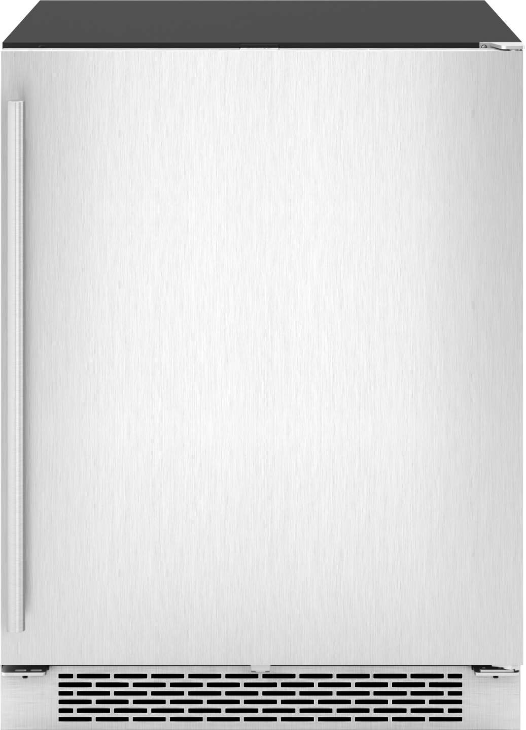Stainless steel undercounter beverage cooler with solid door, integrated handle, and vent grille for refrigerators and kitchen appliances.