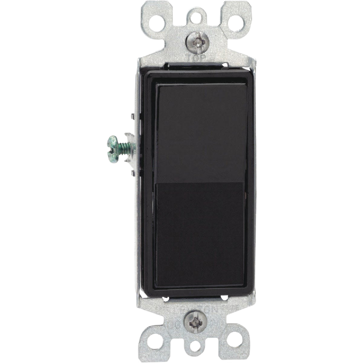 Black rocker switch with grounding screws for 3-way lighting control in electrical and home improvement projects