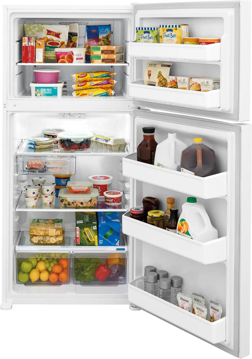 Open white top freezer refrigerator showing organized interior with adjustable shelves in refrigerators and kitchen appliances collection