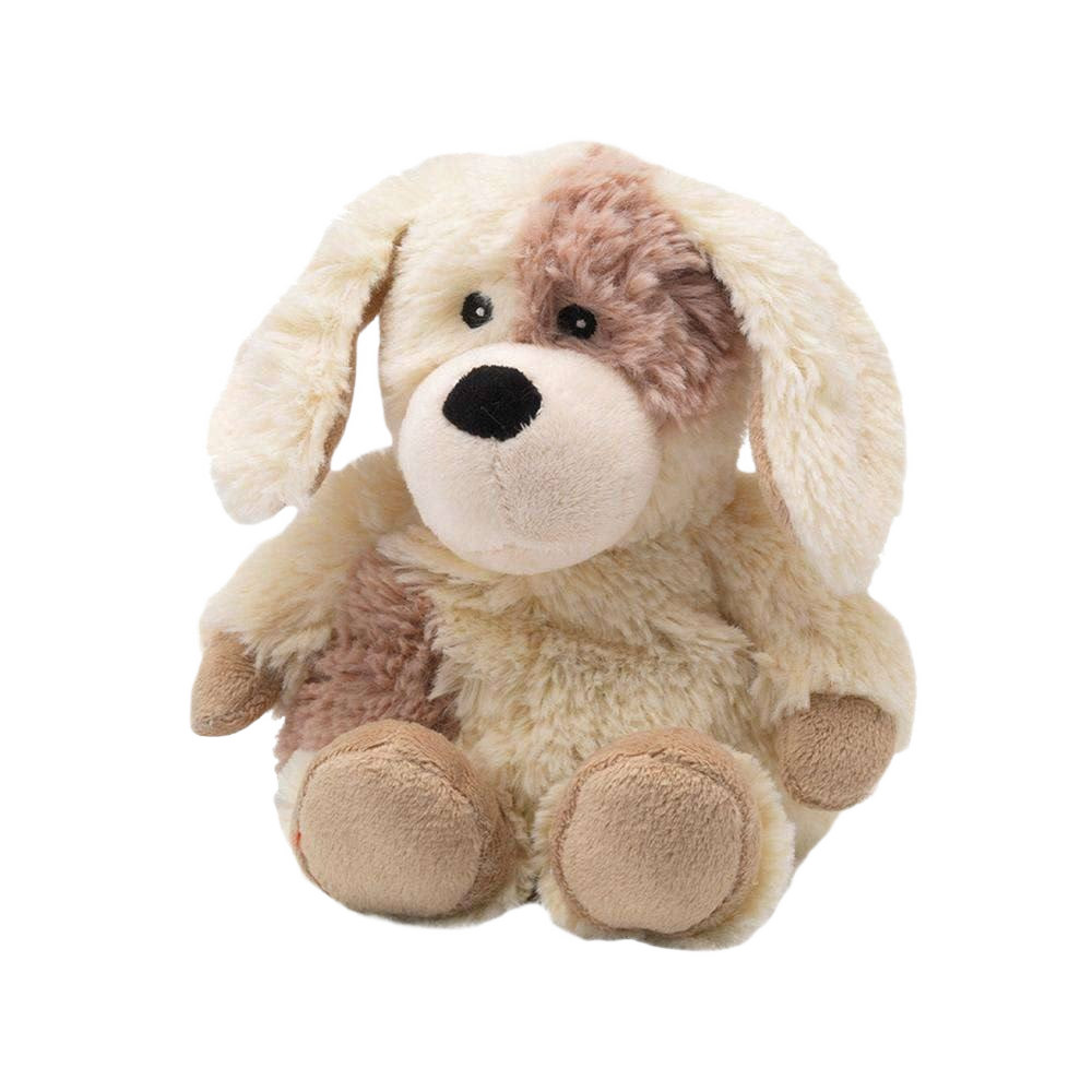 Soft microwavable plush puppy in cream and light brown designed for comfort and warmth in children’s use