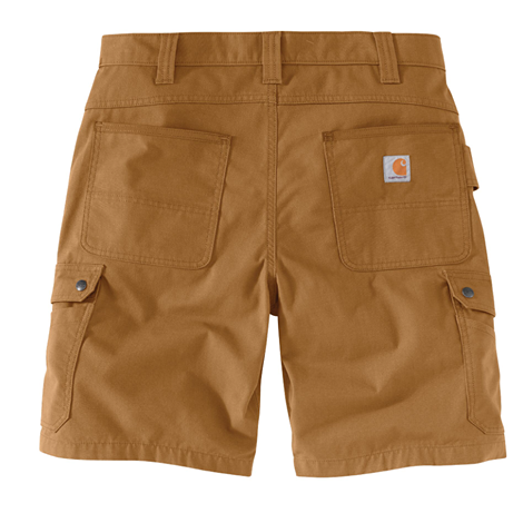 Back view of brown ripstop shorts with relaxed fit and multiple pockets designed for rugged workwear use