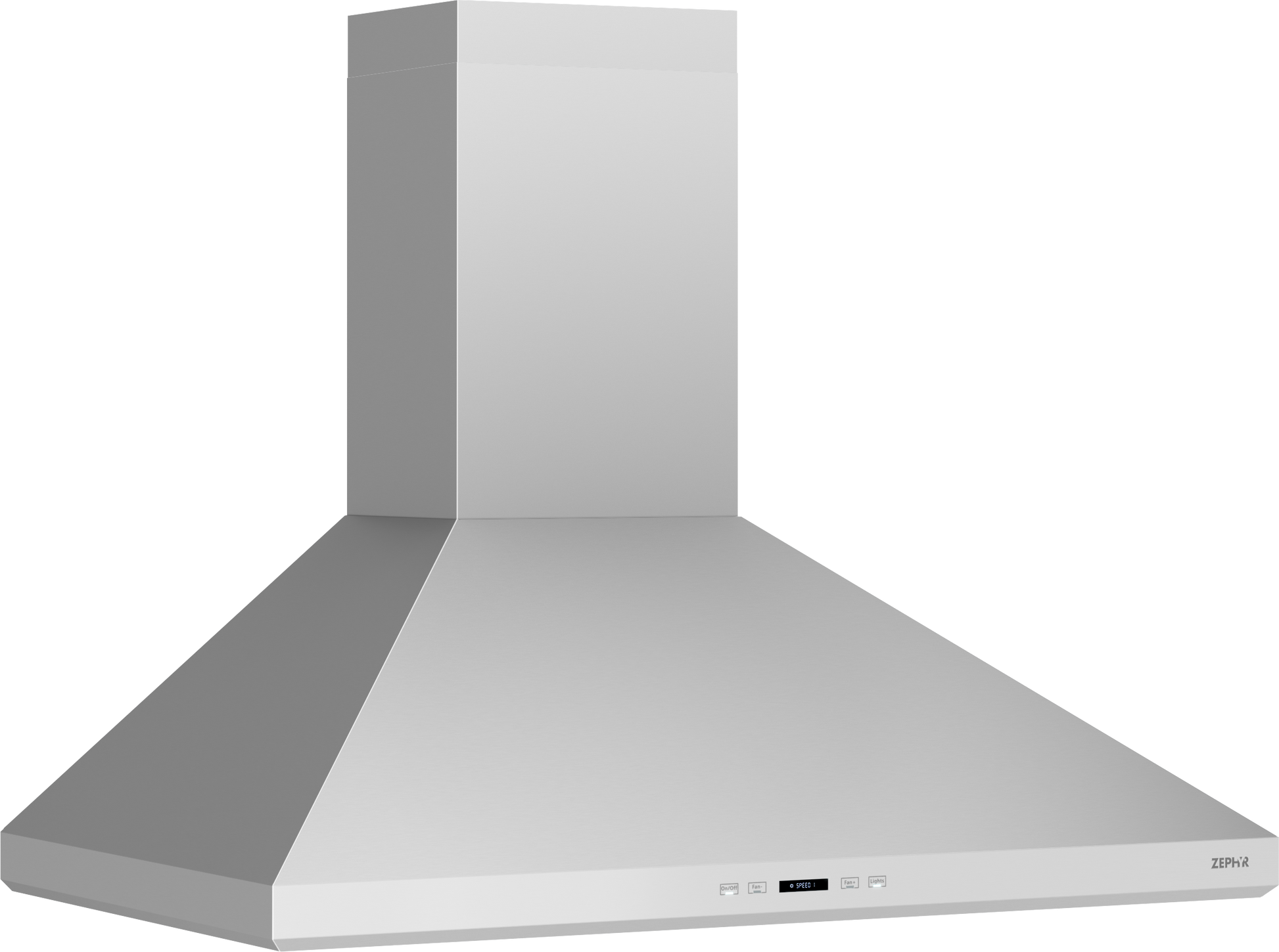 Stainless steel wall-mounted range hood with LED lighting and airflow control in kitchen and appliances collection
