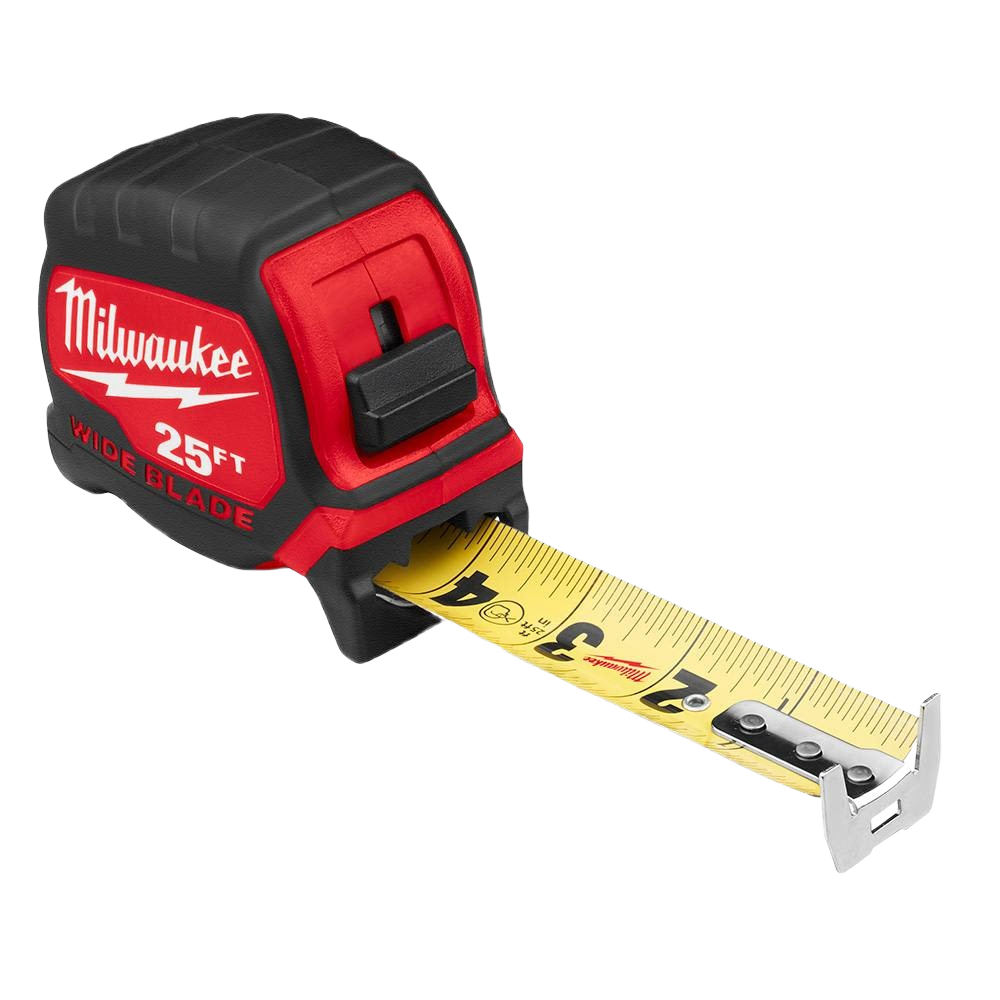 Compact Milwaukee tape measure with wide yellow blade extended for accurate home improvement measurements