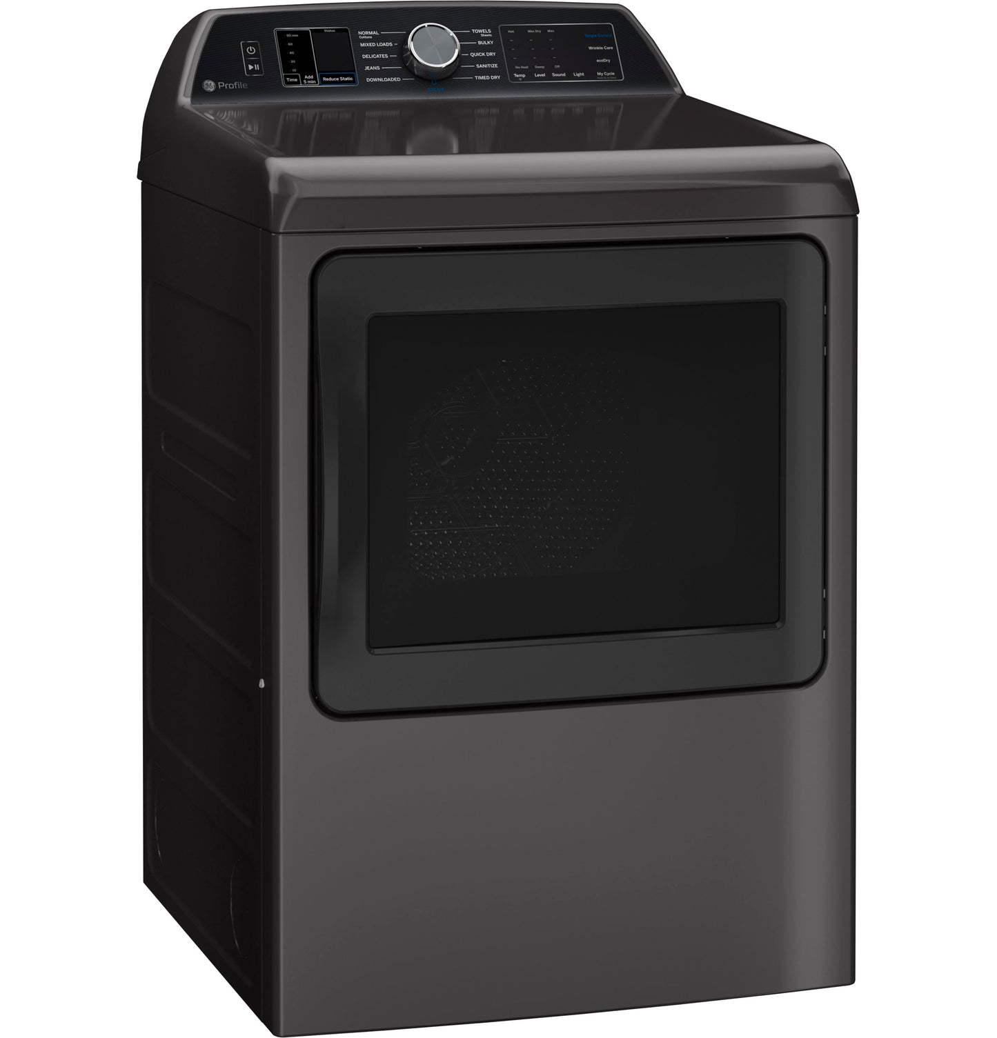 Black smart electric dryer with aluminized alloy drum, digital controls, and large tinted front door in appliances collection