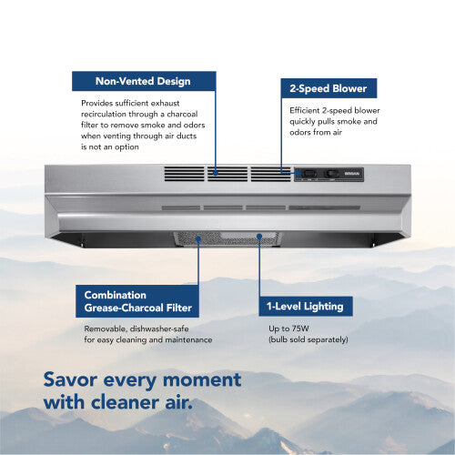 under cabinet stainless steel range hood with 2-speed blower, grease-charcoal filter, and 1-level lighting for kitchen use