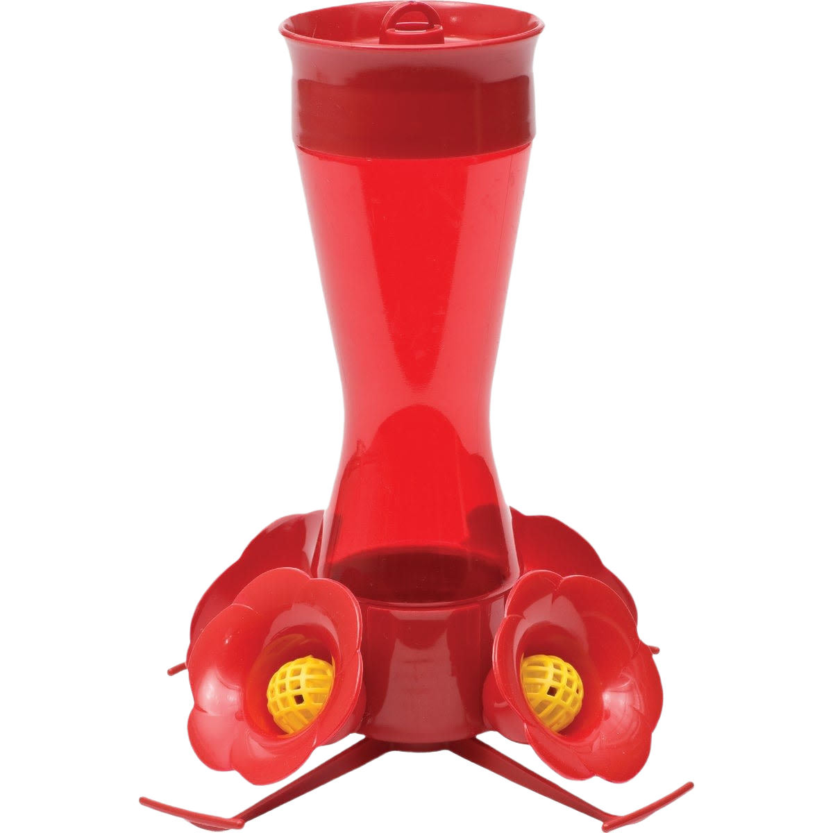 Red plastic hummingbird feeder with three flower-shaped feeding ports and yellow nectar guards for outdoor use