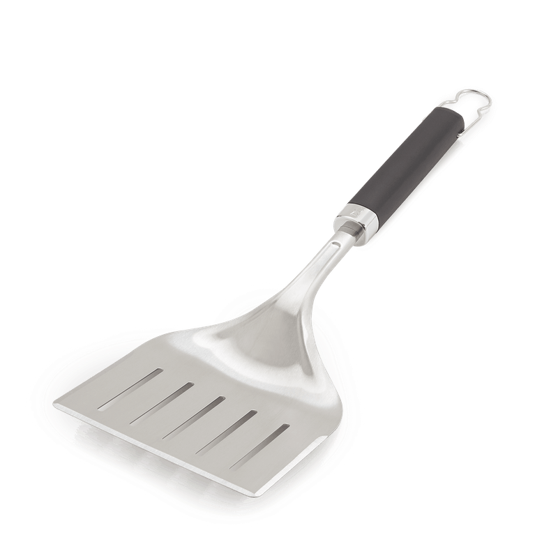 Stainless steel wide grill spatula with slotted blade and black handle for grilling and outdoor living tools under $50