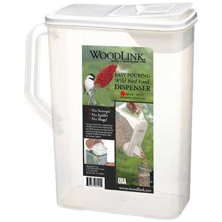 Clear plastic dual-pour bird food dispenser with handle and lid for easy filling and pouring outdoor feeding tasks