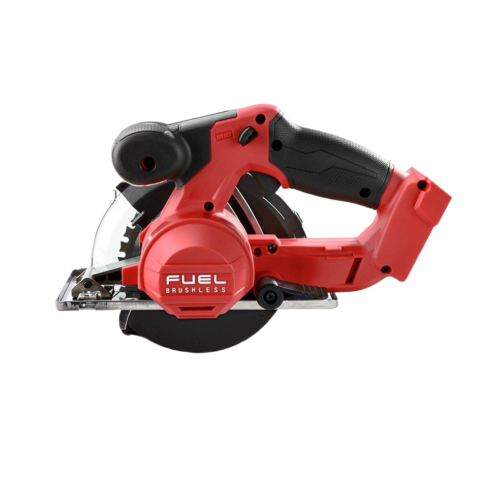 Red cordless metal cutting circular saw with brushless motor and ergonomic black grip for tools and home improvement projects