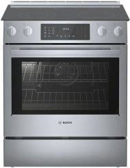 30-inch stainless steel electric slide-in range with touch controls and metal knobs in Bosch kitchen appliances collection