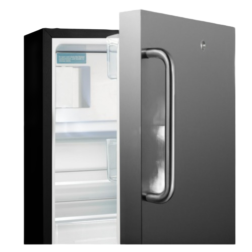Partially open textured black built-in refrigerator-freezer with left side door swing from kitchen appliances collection