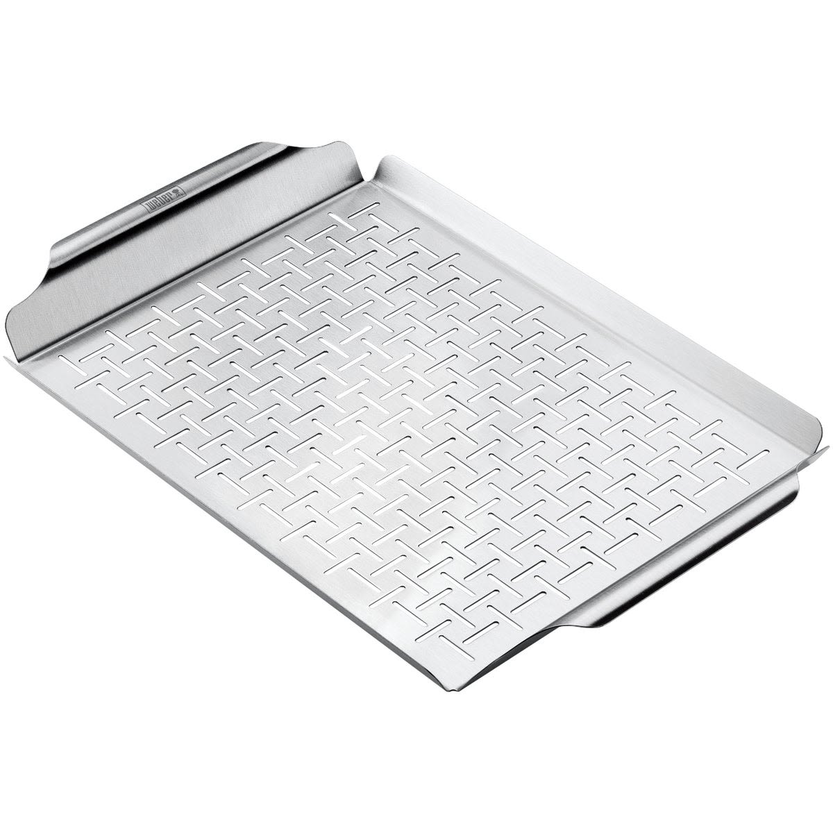 Rectangular stainless steel grilling pan with raised edges and textured surface for even cooking on grills