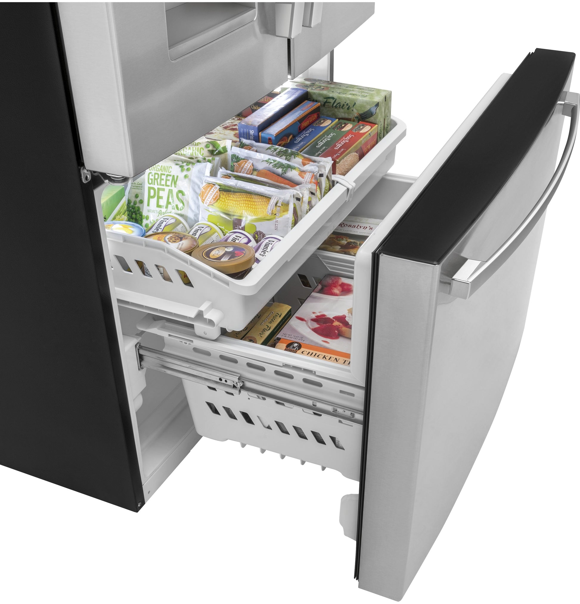 Open bottom freezer drawer of fingerprint resistant stainless steel refrigerator with organized frozen food trays in Refrigerators collection