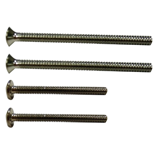 Set of four polished metal flange screws with flat and rounded heads for plumbing repair and faucet parts collection