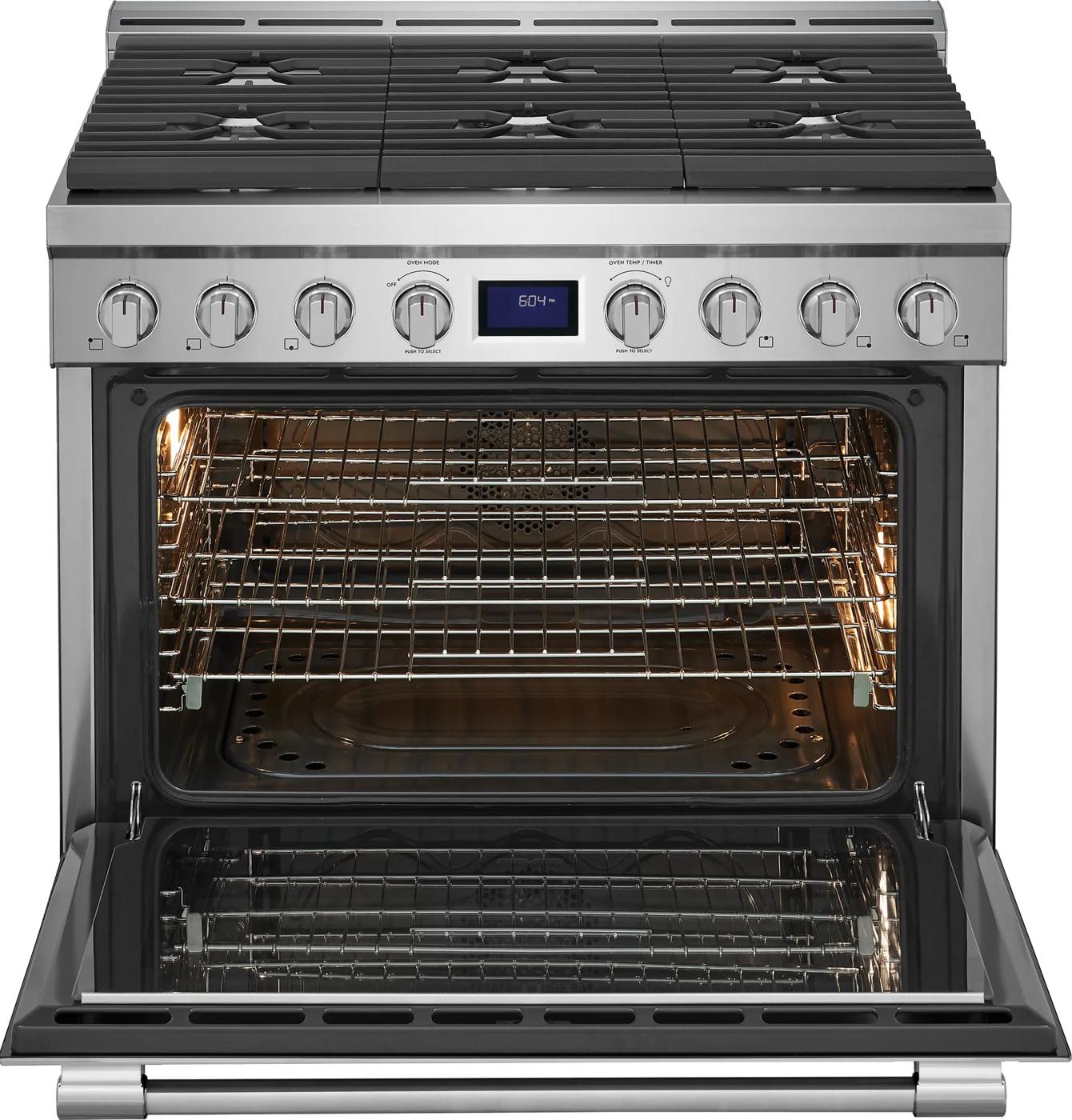 stainless steel freestanding gas range with six burners, front controls, and open oven with multiple racks for home improvement