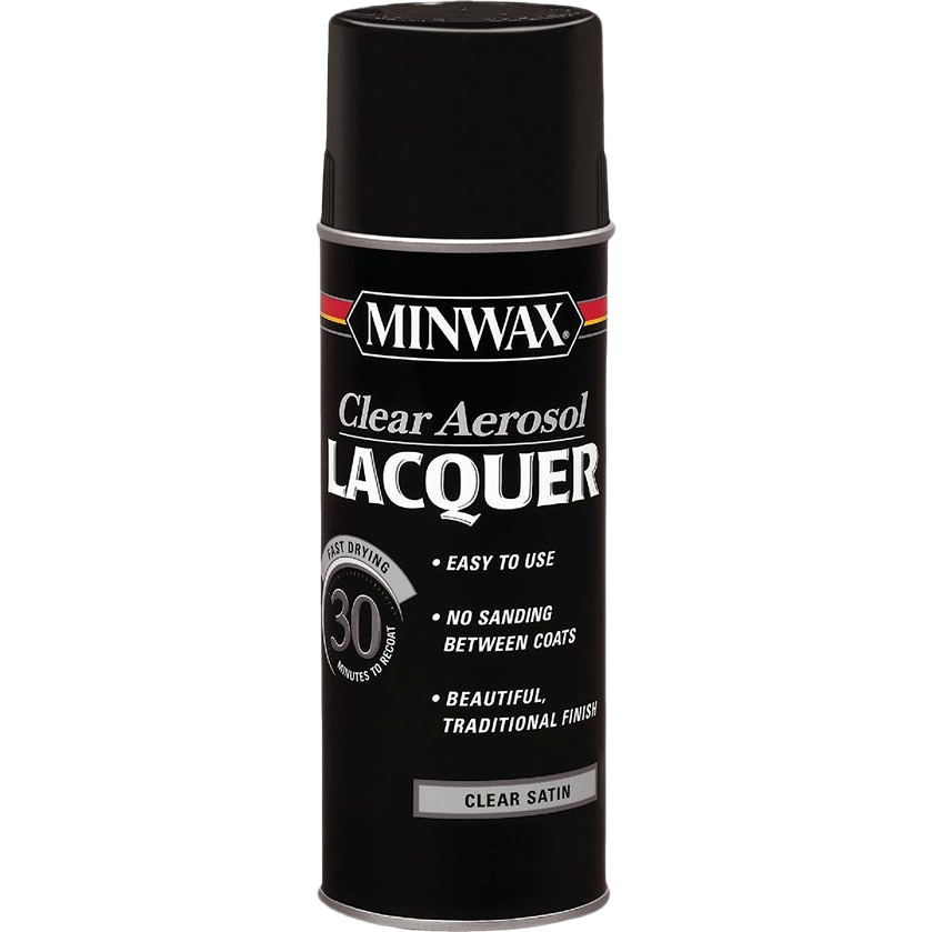 Minwax Clear Satin spray lacquer in 11.5 oz aerosol can for wood finishing in Stains and Sealers collections