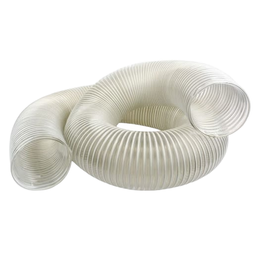 Coiled clear PVC flexible hose with reinforced wire helix for dust collection and woodworking tool connections