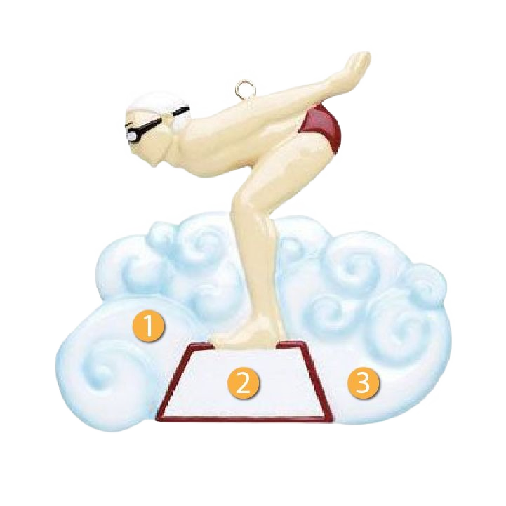 Boy swimmer figurine ornament in swim cap and goggles poised to dive on platform with cloud background holiday decoration