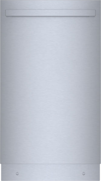 Front view of a compact stainless steel dishwasher with minimalist handle, designed for built-in kitchen installations
