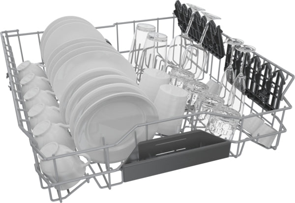 Open dishwasher rack loaded with white dishes, glasses, and black plastic holders from Bosch appliances collection