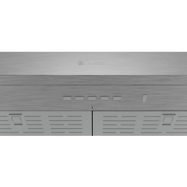 Close-up of brushed stainless steel undercabinet range hood control panel with five push buttons and ventilation grates