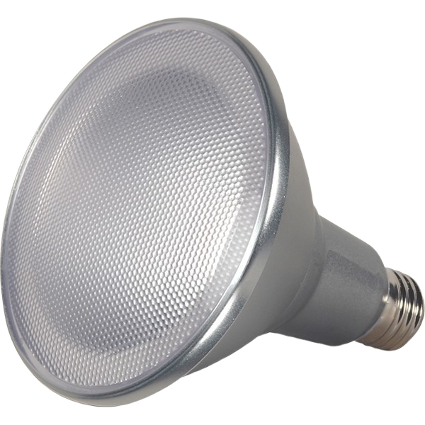Silver finish LED flood light bulb with textured front lens suitable for home improvement and lighting fixtures