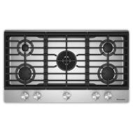 Stainless steel cooktop with five burners, integrated wok grate, and metal control knobs, part of Cooktops, Gas Cooktops, Kitchen & Kitchenware, All Products, KitchenAid, Appliances, and Ranges & Cooktops collections.