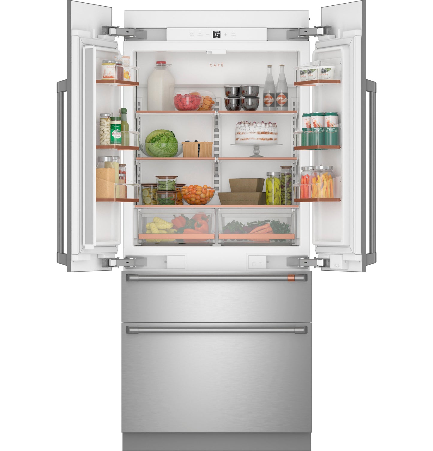 Stainless steel integrated French-door refrigerator with organized interior and spacious bottom freezer in appliance collections