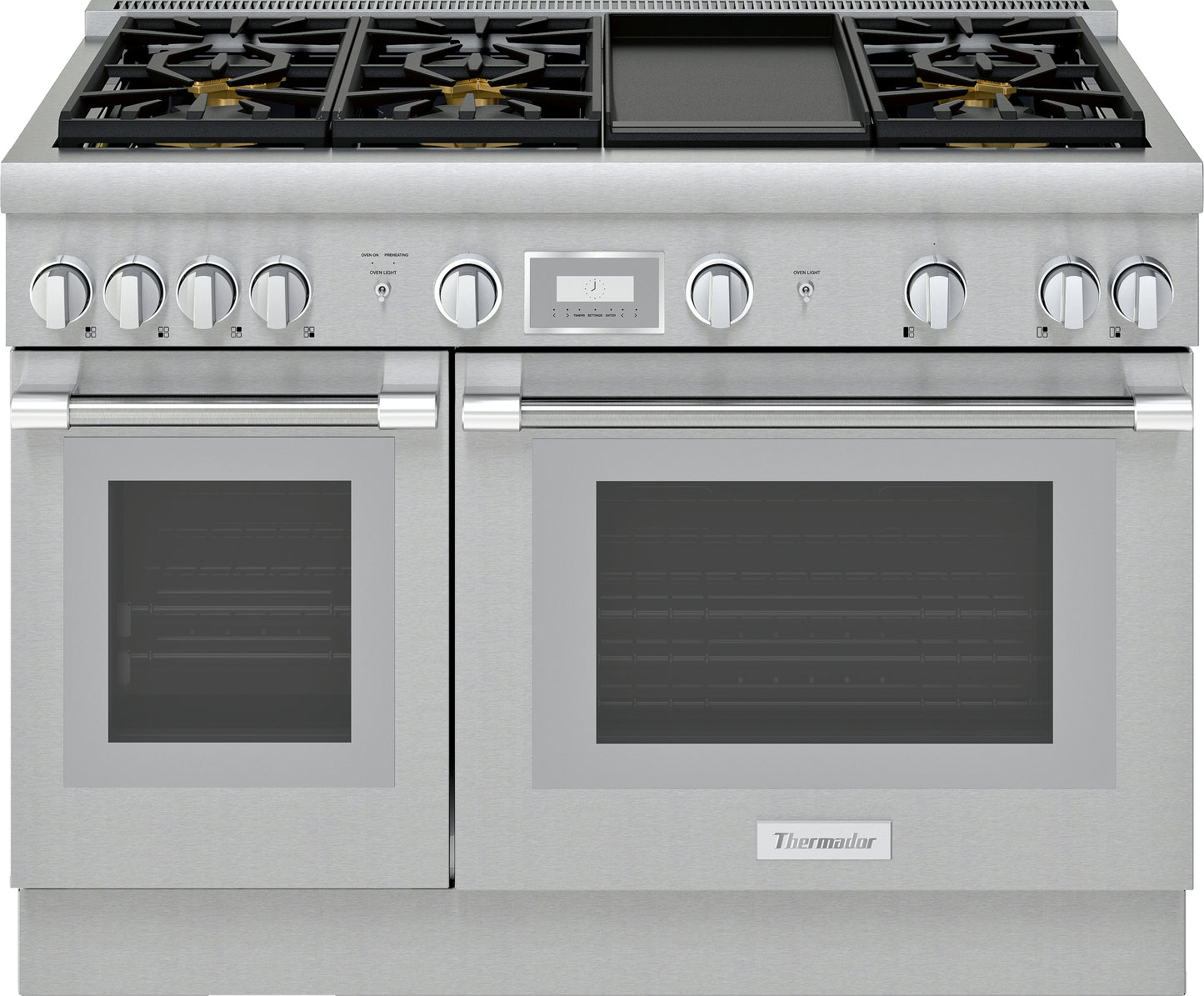 professional-grade stainless steel gas range with dual ovens, multiple burners, and central control panel in kitchen appliances collection